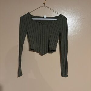 SHEIN Dark Green Ribbed Long Sleeve Blouse
